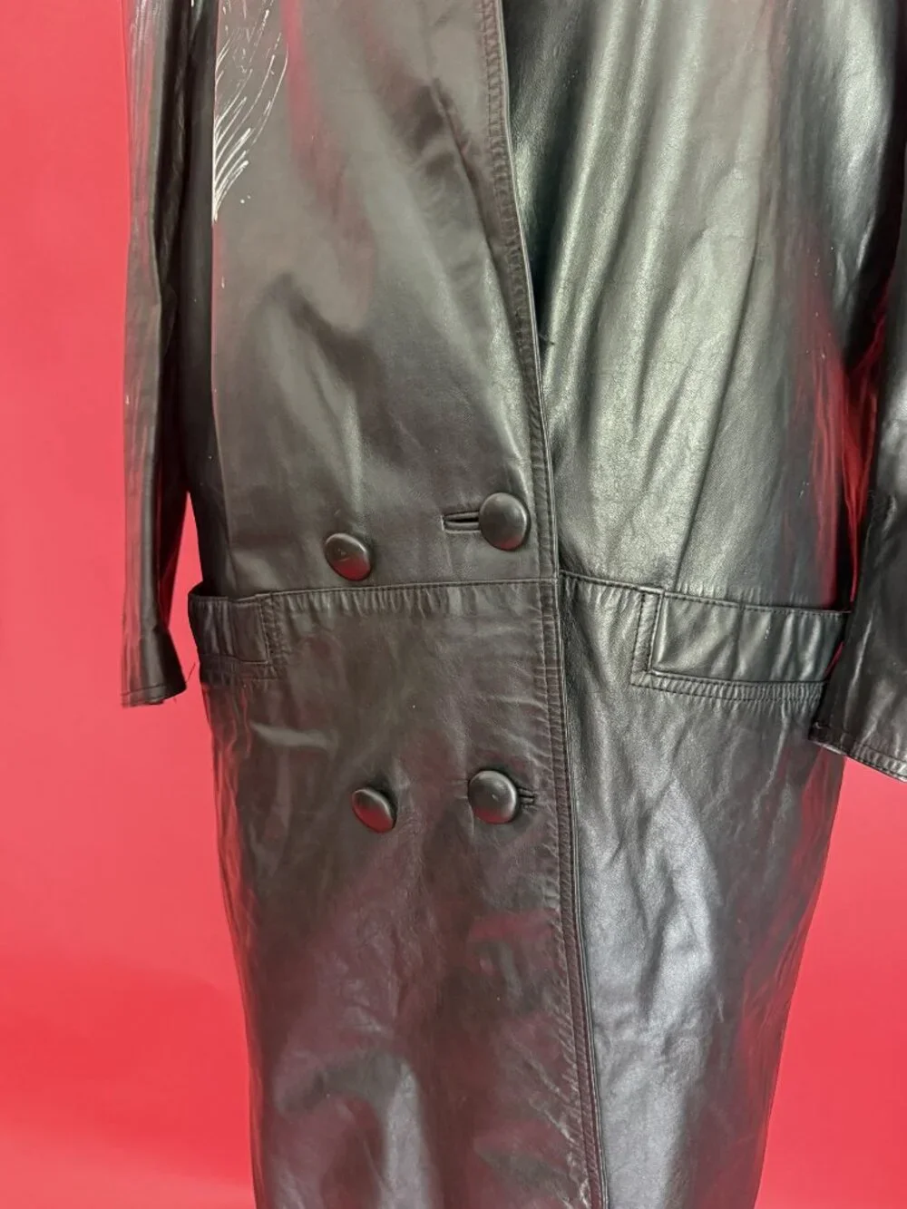 Upcycled Leather Statement Coat – Vintage 80s/90s Black Trench - Picture 9 of 12